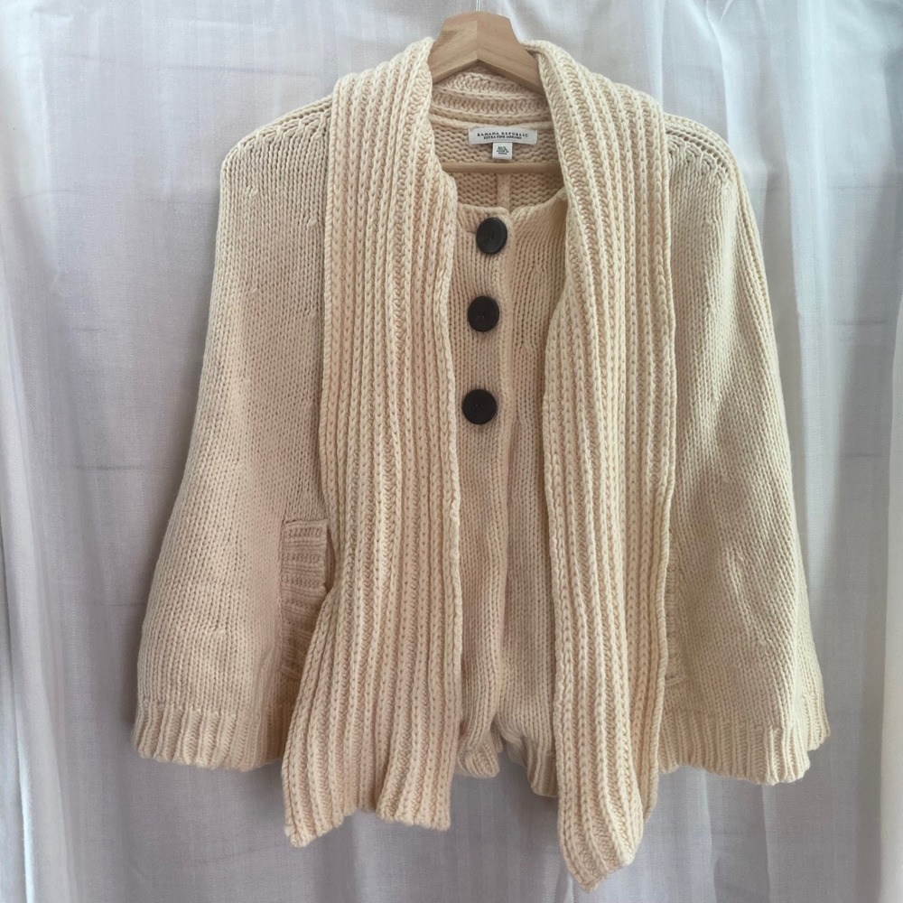Banana‎ Republic Extra Fine Merino Wool Knit Cardigan Cape Shawl Cream M/L